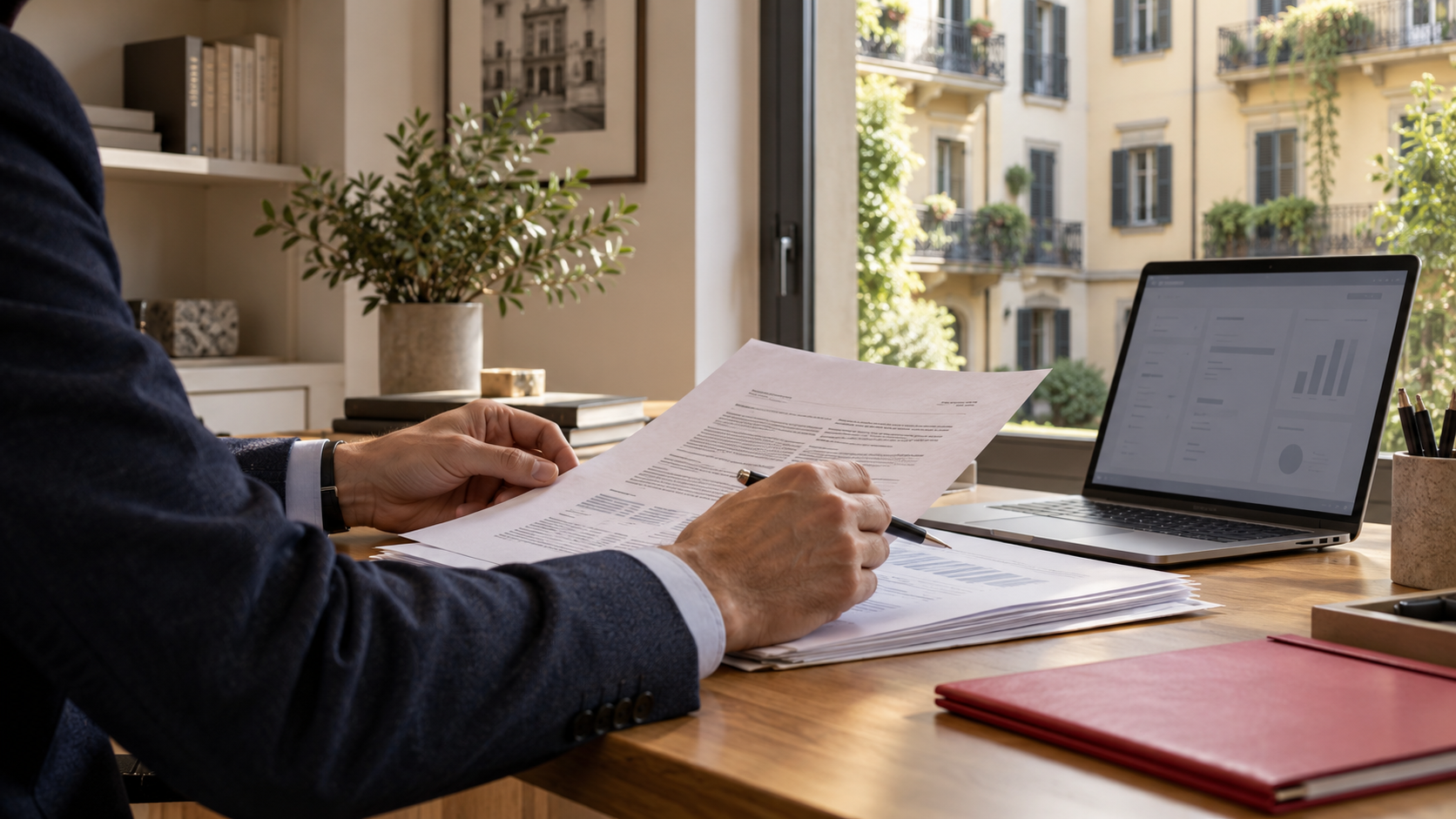 Mani di un professionista verificano un documento cartaceo accanto a un laptop e a una cartellina rossa, in uno studio luminoso. Fotografia editoriale generata con AI.