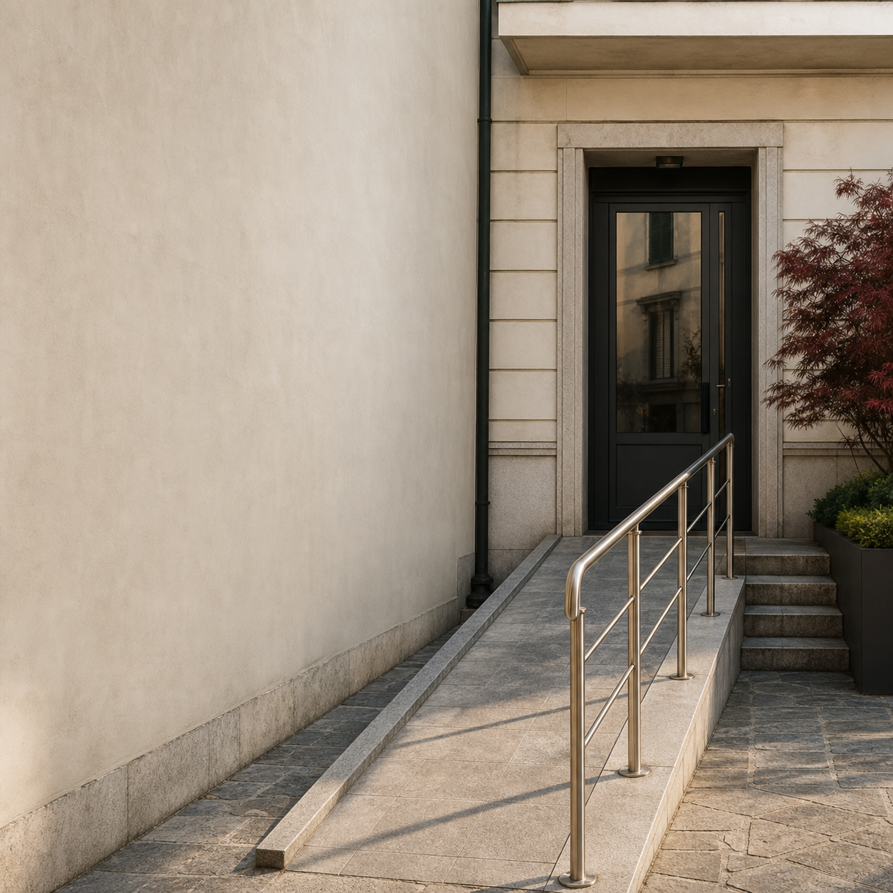 Slide 1 di 4. Ingresso di un condominio italiano con rampa e corrimano. Titolo: Barriere, contributo anche per il condominio.