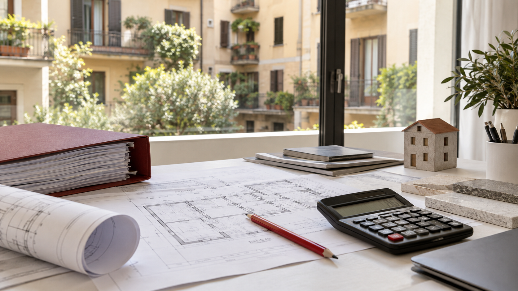 Scrivania con planimetrie, raccoglitore, calcolatrice e matita rossa davanti a un cortile condominiale italiano.