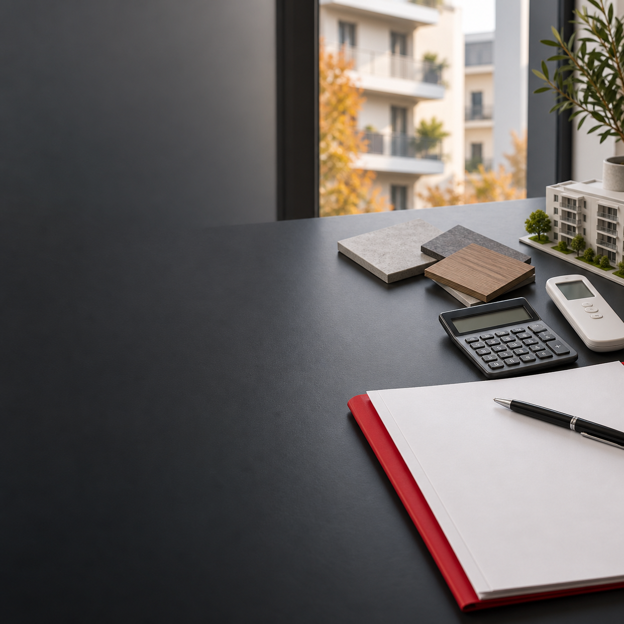 Scrivania professionale con preventivo neutro, calcolatrice e materiali, davanti a un condominio italiano in autunno.