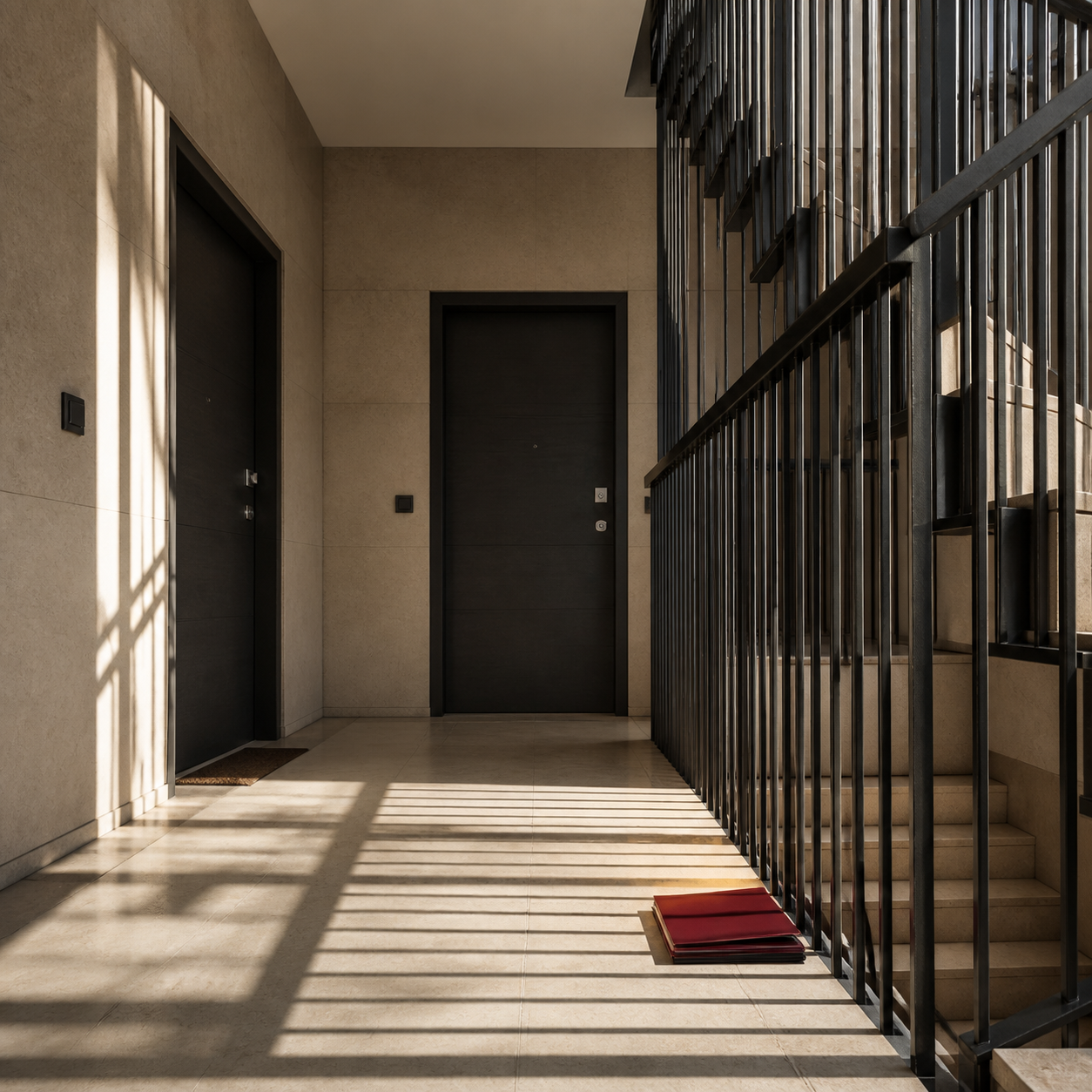 Ingresso di condominio italiano con ascensore e porte chiuse; su un tavolino laterale sono visibili una cartellina senza scritte e una penna.