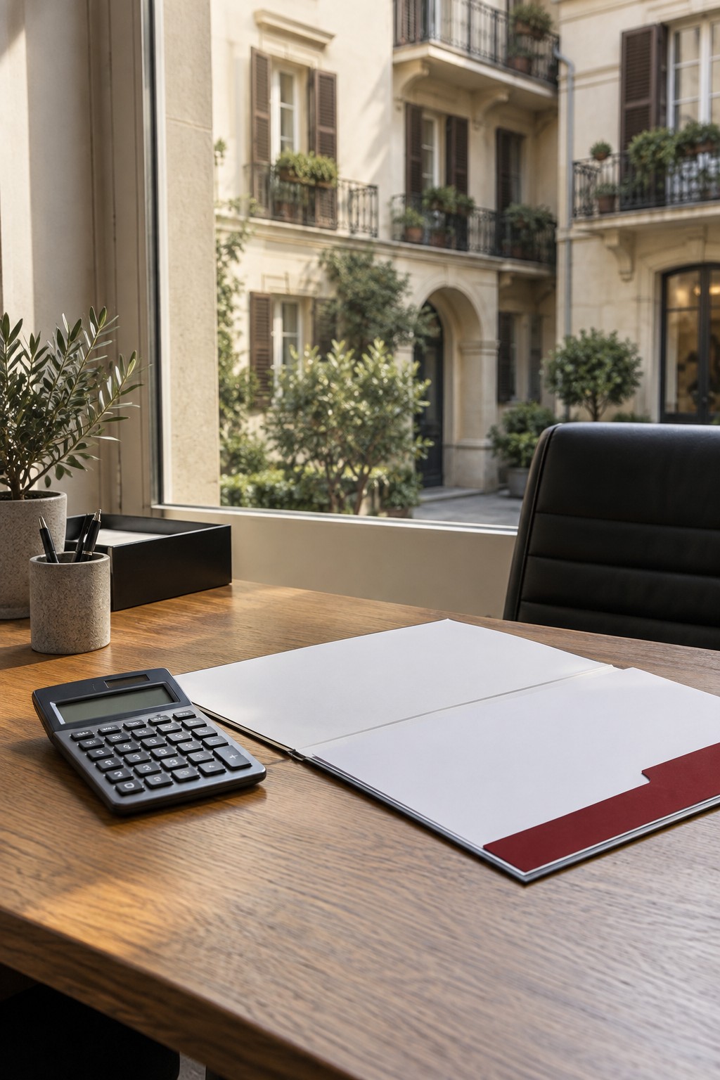 Cartella con fogli neutri e calcolatrice su una scrivania professionale, con cortile condominiale fuori dalla finestra.
