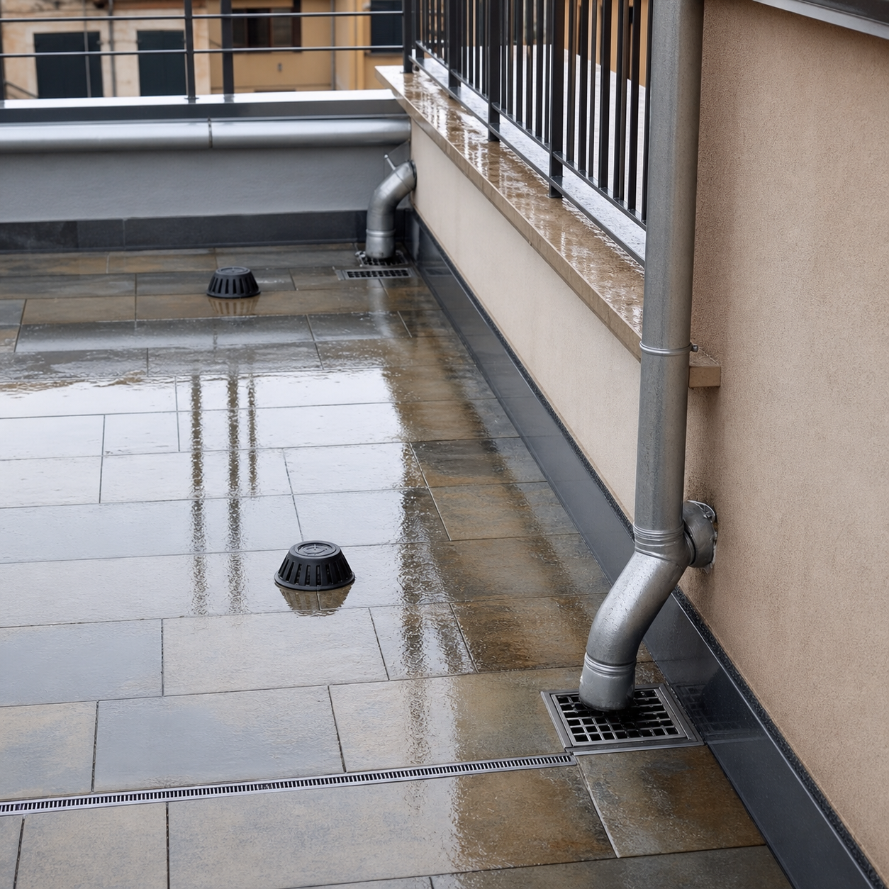 Slide 1 di 4. Terrazzo condominiale dopo un temporale con grondaia e scarico. Titolo: Dopo un temporale, tre controlli nelle parti comuni.