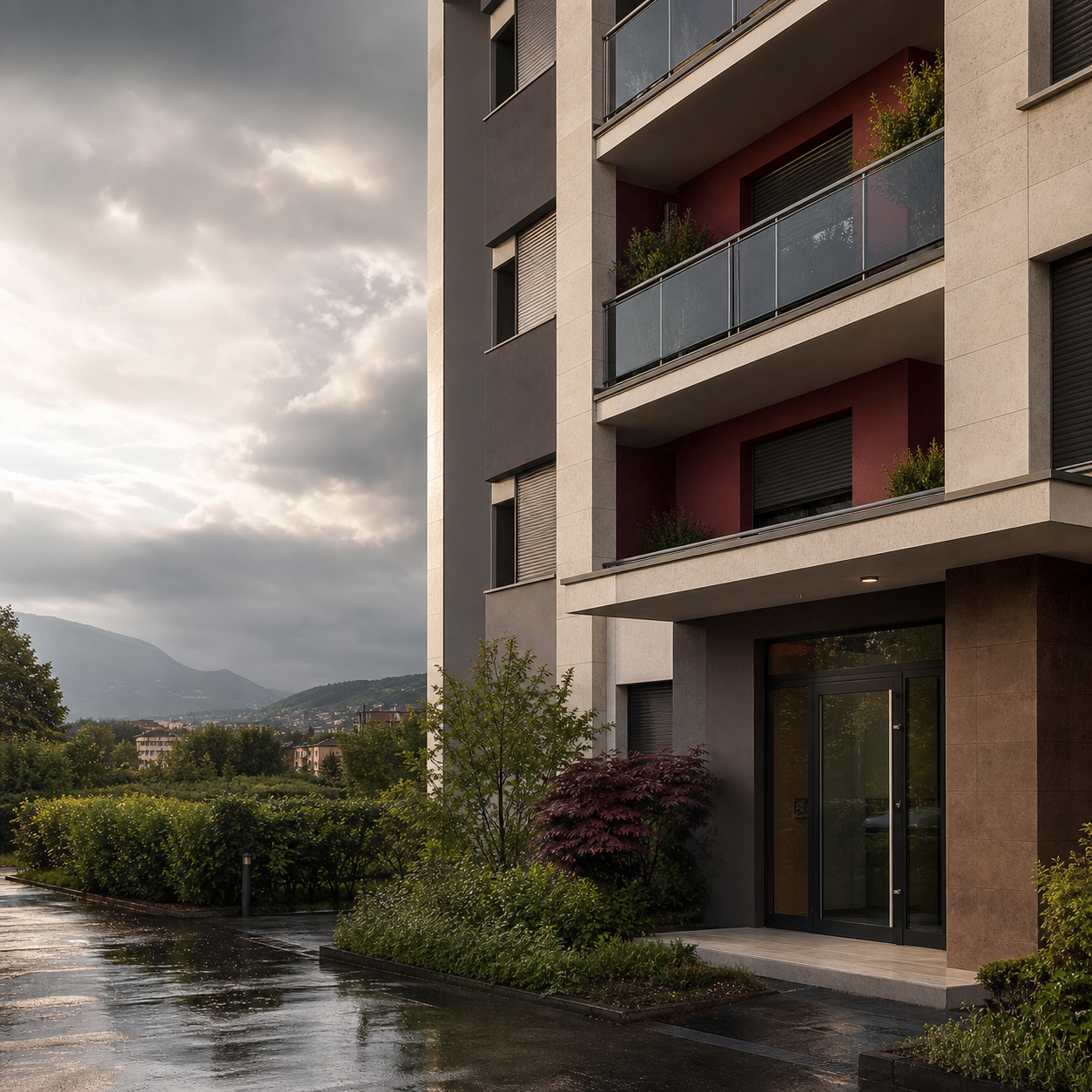 Slide 1 di 4. Condominio del Friuli Venezia Giulia illuminato dopo un temporale. Titolo: Polizza condominiale, contributo FVG fino a 1.700 euro.
