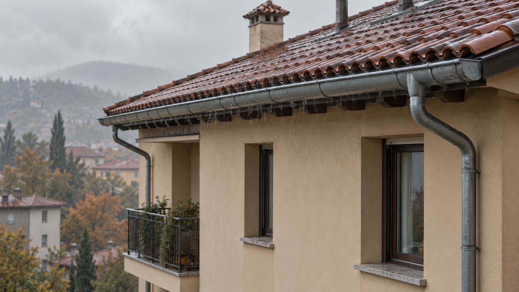 Tetto in coppi e grondaia di un condominio italiano sotto la pioggia autunnale. Fotografia AI.