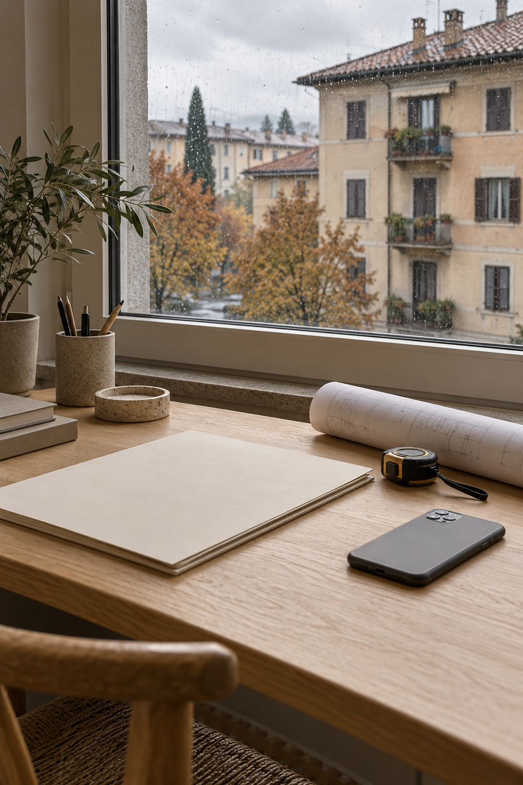 Scrivania ordinata per organizzare documenti e interventi, edificio bagnato oltre la finestra. Fotografia AI.