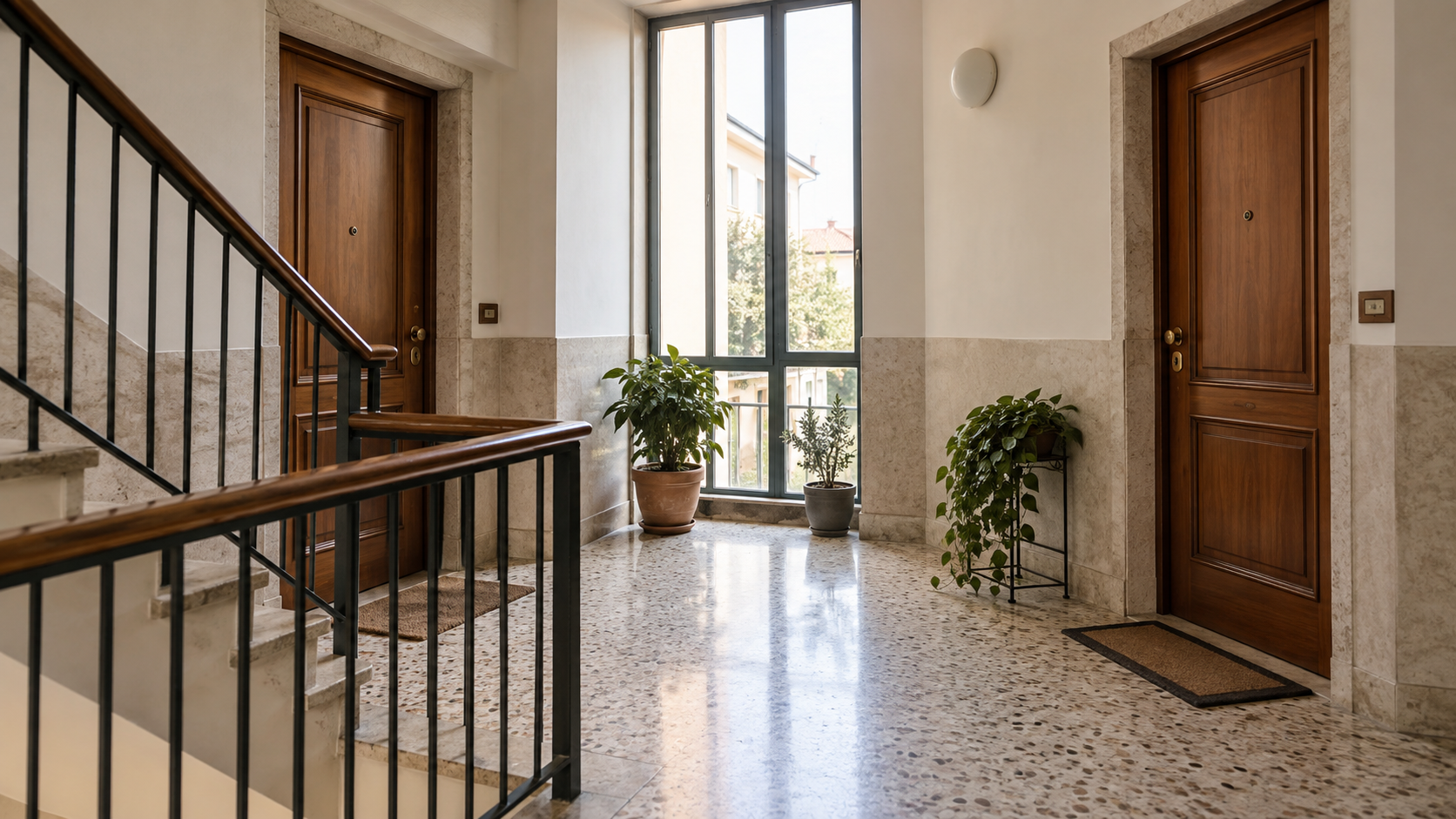 Pianerottolo condominiale con due porte chiuse, scala e finestra luminosa. Immagine illustrativa generata con AI.