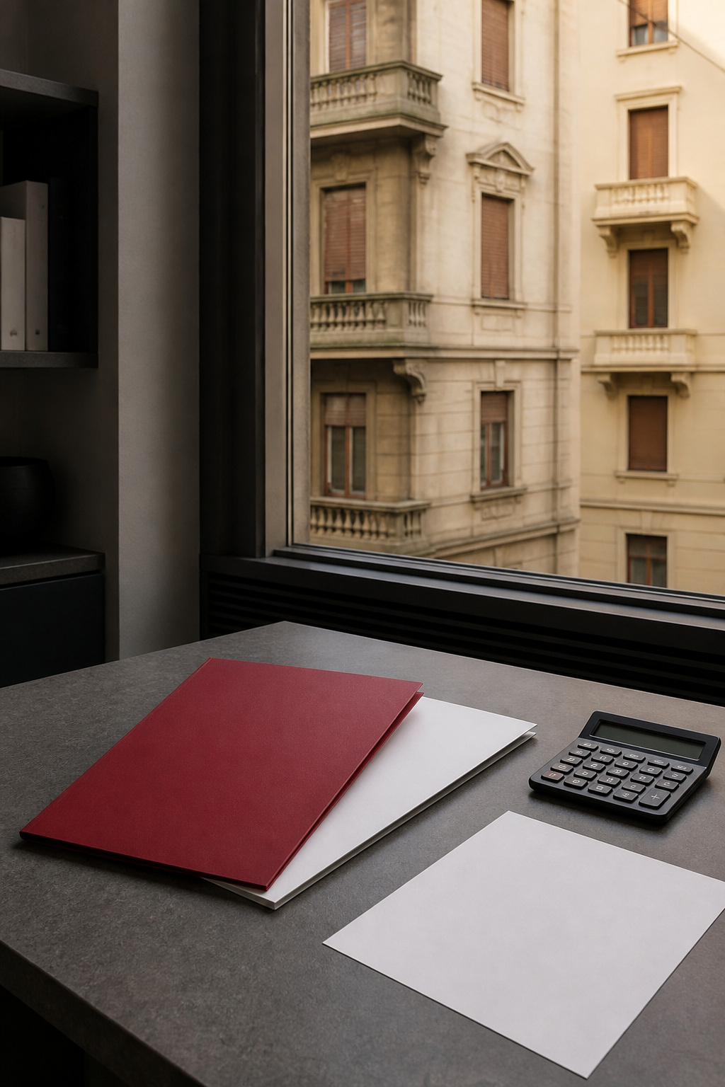 Due cartelle, rossa e bianca, una calcolatrice e fogli su una scrivania professionale davanti a una finestra con un edificio condominiale italiano.