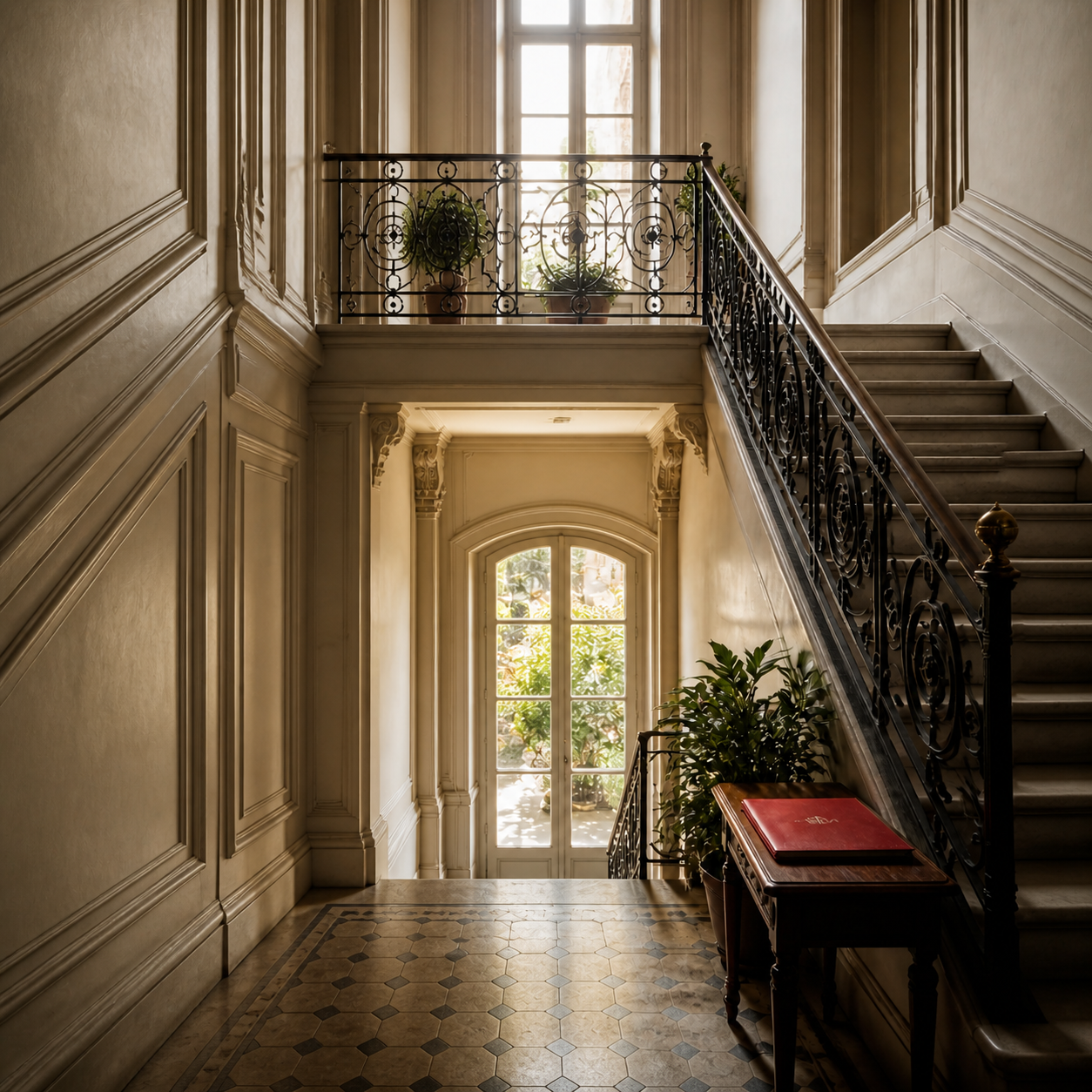 Scala interna di un condominio italiano con ringhiera scura, luce naturale e dossier rosso su un tavolino, senza testo leggibile.