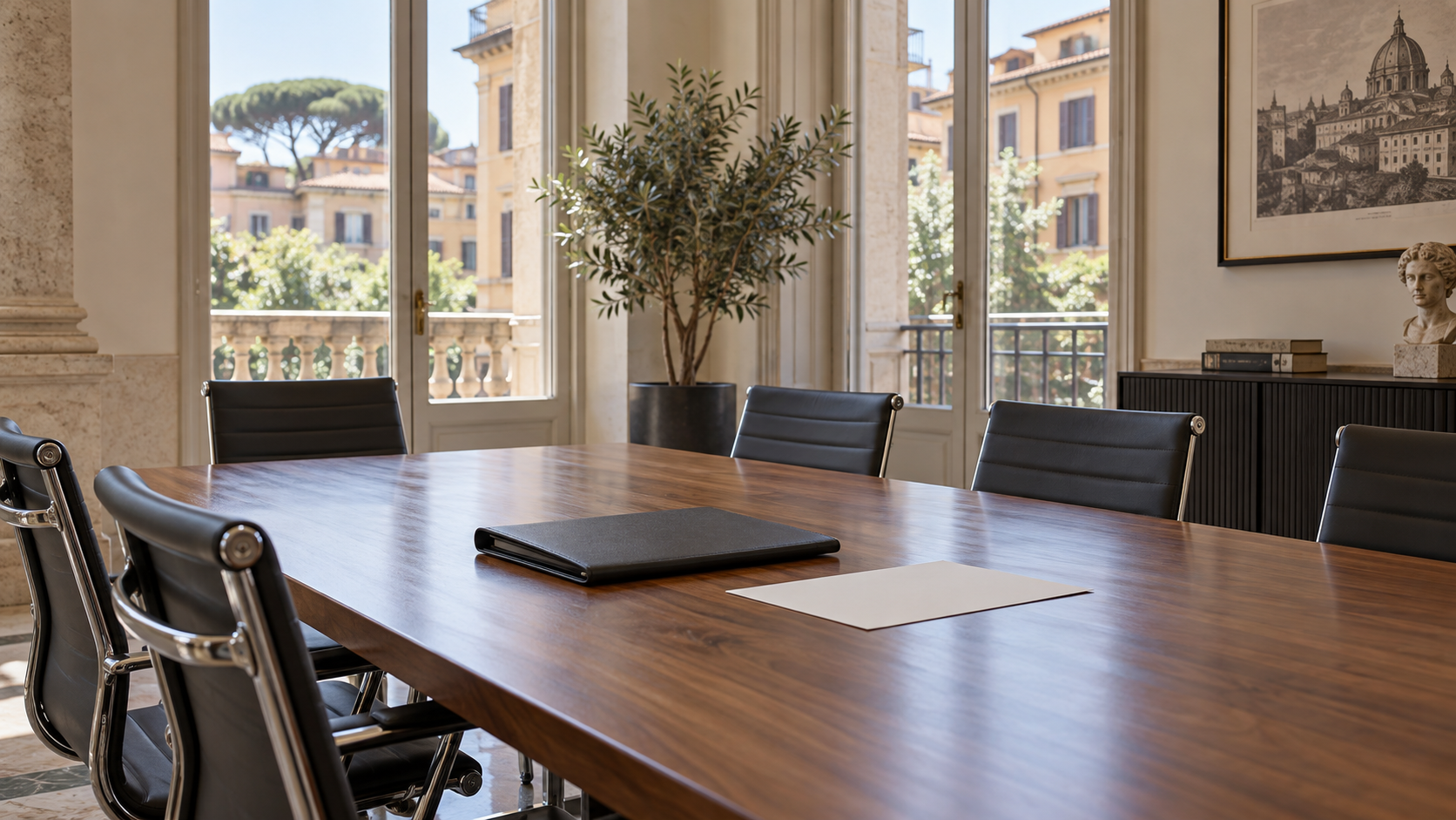 Sala riunioni condominiale italiana vuota, con un tavolo di legno, cartella scura e foglio neutro vicino a finestre luminose.